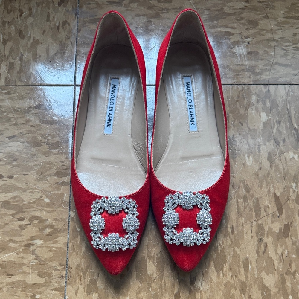 Manolo Blahnik Red Hangisi Flats with white crystal size37.5 Embellished Buckle